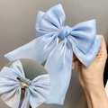 Elegant light blue mermaid satin triple-layered bow hair clip with long ribbons - Sky Blue Brooch