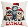 Christmas cat pillow cover with Meowy Catmas print on beige linen fabric - Three Grey Cats-Meowy Catmas