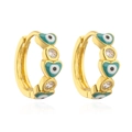 Gold huggie hoop earrings with green heart-shaped evil eye enamel and cubic zirconia - Heart Evil Eye / Gold with Green Heart
