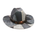 Western patchwork denim fedora with skull metal ornament and dark brown leather band - Denim Patchwork Skull Decor / Black