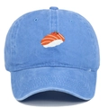 Close-up of salmon sushi embroidery on washed light blue cotton vintage baseball cap - Washed Light Blue