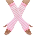 Rosa und weiß gestreifte Armstulpen mit Daumenlöchern im fingerlosen Strick-Design - Rosa-Weiß Gestreifte Armstulpen