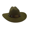 Dark olive green wool fedora hat with turquoise leather band and bull buckle - One Size / Army Green