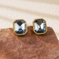 Elegant gold square stud earrings with dark blue gemstone set on a natural rock - Deep Blue Square Stud Earrings (BD515-blue)