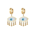 Golden Evil Eye hoop earrings with mother of pearl inlay and delicate hanging tassels - Evil Eye Mother of Pearl Charm Style (E1303-GO)