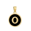Macro shot of circular gold stainless steel pendant with letter O and black enamel detail - Letter O