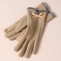 Women winter thermal wool gloves in camel brown with faux fur cuff and bow detail - Side Line Leather Butterfly / Khaki