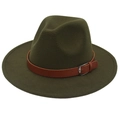 Detail of army green wool felt fedora featuring a brown leather band and silver buckle - Army Green
