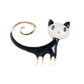 Cute black and white enamel cat brooch with green crystal eyes and golden curling tail - Black and White Cat (C169-A)