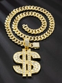 Macro detail of a gold Cuban chain necklace with a sparkling diamond encrusted dollar sign pendant - Gold Pendant + 13mm Cuban Chain / 50cm