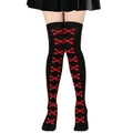 Detail of gothic over-knee socks featuring red crossbones pattern on black knit fabric - One Size / Red Bone/Black