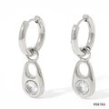 Silver stainless steel pendant earrings with hollow oval design and sparkling cubic zirconia - Silver Earrings - White Zircon (PDE765)