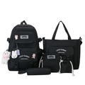 5-piece set of black high-capacity canvas backpacks for students including tote and pouch - Five-Piece Set / Black