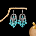 Vintage bohemian drop earrings with turquoise beads and hollowed silver-tone fringe - E5774-23/Antique Silver Hollow Multi-Bead Tassel