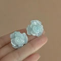 Elegant light blue multilayer flower stud earrings with a glossy resin finish for women - Silver Earring Post-Blue / Blue