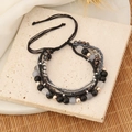 Detail of bohemian multilayer beaded bracelet with metallic beads and adjustable cord - Black Silver Grey Tone (3#)