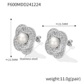 Textured flower stud earrings in 18K gold plated stainless steel with white pearl - F600-Hammered Flower / Steel