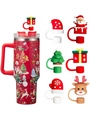 Silikon-Strohhalmabdeckungen mit Weihnachtsmotiven und roter Edelstahlbecher mit Festmustern - Schwarz