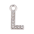 Close-up of silver alloy L-letter pendant with sparkling white rhinestones and top ring - L