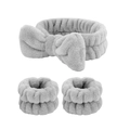 Grey plush spa headband with large bow and matching wristbands for skincare set - Grey-3pcs Set (Triple Elastic)