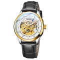 Automatic mechanical skeleton watch for men with gold movement and black leather strap - Black Leather Band Gold Case White Dial
