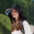 Black women's sun hat with tropical leaf print brim and adjustable windproof strap - Leaf Black