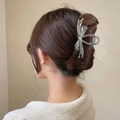Silver bow hair claw clip with metallic chain and pearl accent in ribbon design - Chain Bowknot Pearl Style / Large / Silver