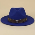 Dark blue wide brim wool fedora with brown leather band and silver bull head ornament - Blue / M (56-58cm)