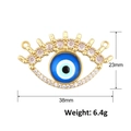 Detail showing 38mm golden evil eye pendant with blue zircon inlay and side rings - A0271 (Large Long Eye Connector)