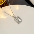 Silver rectangular pendant necklace with zircon frame and rose flower shell inlay detail - Silver