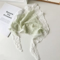 Green pleated head kerchief featuring white lace edges and delicate ball tassel details - Light Green