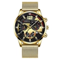 Detail of gold quartz watch featuring luminous hands, calendar, and mesh band - Gold Mesh Strap