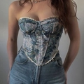 Vintage floral jacquard corset top with lace-up detail and V-shaped hem for women - S / Tops / Blue Floral