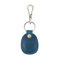 Round blue leather AirTag keychain holder with metal carabiner and secure snap fastener - Crazy Horse Blue