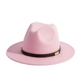 Close-up of pink felt fedora hat featuring a dark brown leather band and gold metal buckle - M(56-58cm) / Pink + Black Belt