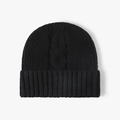 Black cable knit beanie hat for women featuring a stylish ribbed fold-over cuff design - One Size / Black
