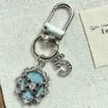 Vintage denim butterfly keychain with silver number five and blue rhinestone pendant - Oval Butterfly
