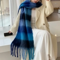 Écharpe à carreaux bleus au toucher cachemire avec de longues franges pour mode hiver - 37# Bleu Dégradé à Carreaux
