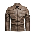 Schlanke Herren PU-Lederjacke in Dunkelbraun mit Vintage-Textur und Schulterklappen-Details - L / Khaki