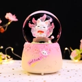 Pink sakura crystal ball music box with a cute nine-tailed fox and Good Luck banner - -033 Pink Base / Medium 80mm Light + Music