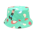 Close-up of mint green cotton bucket hat with strawberry print and summer embroidery - Head Circumference 52-54cm / Light Green