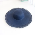 Dark blue wide-brim straw sun hat featuring a bohemian woven texture and frayed edge trim - One Size / Raw Edge Style / 48cm Fringe Navy Blue