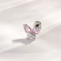 Zilveren vlinder piercing met roze kristallen en platte schroefsluiting voor kraakbeen - Roze Vlinder (A782-1)