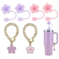 Stanley cup accessory set with floral straw covers and golden butterfly chains - Purple Pink Sakura Set