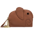 Brown elephant leather coin purse with lychee texture and golden keychain ring - Khaki/Earth Yellow