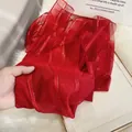 Red silk wool scarf with golden metallic stripes and translucent texture for women - Red