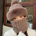 Winter knitted earflap hat and neck warmer set in warm camel brown with faux fur lining - Upgraded Korean Integrated / Dark Coffee
