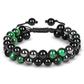 Detail of double-layer braided bracelet with green tiger eye and black obsidian stone beads - 7A Green Tiger Eye