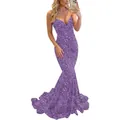 Elegant purple sequin evening gown with a deep V-neck and slimming mermaid tail design - US size 2 (S) / Top And Bottom / Lavender