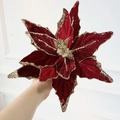 Velvet burgundy Christmas poinsettia flower decoration with sparkling gold glitter edges - Burgundy Flocked Christmas Flower